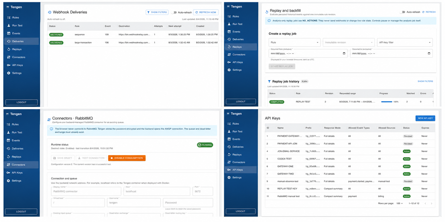 Deliveries, replay, RabbitMQ connector, and API key screens