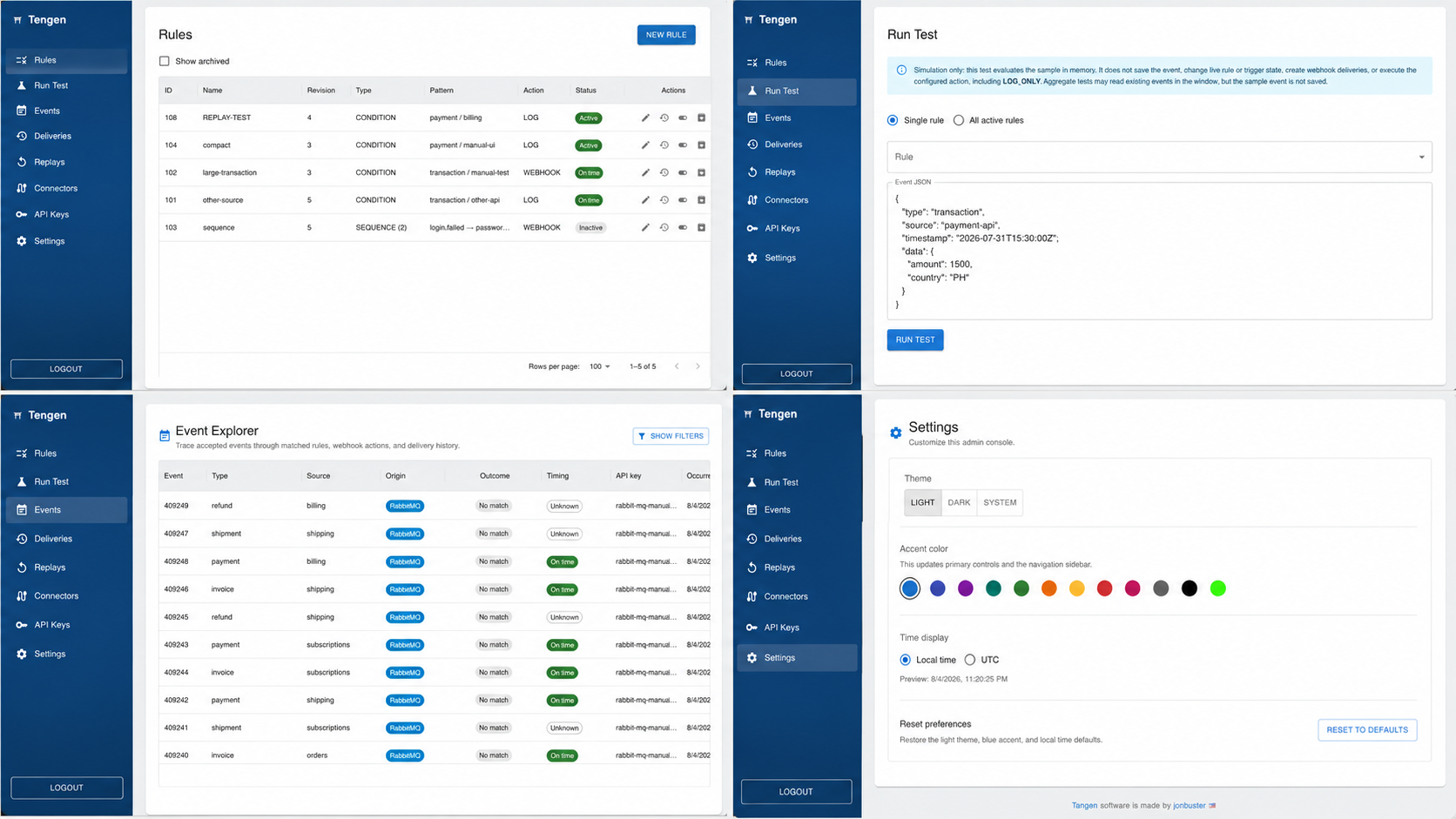 Rules, Run Test, Event Explorer, and Settings screens