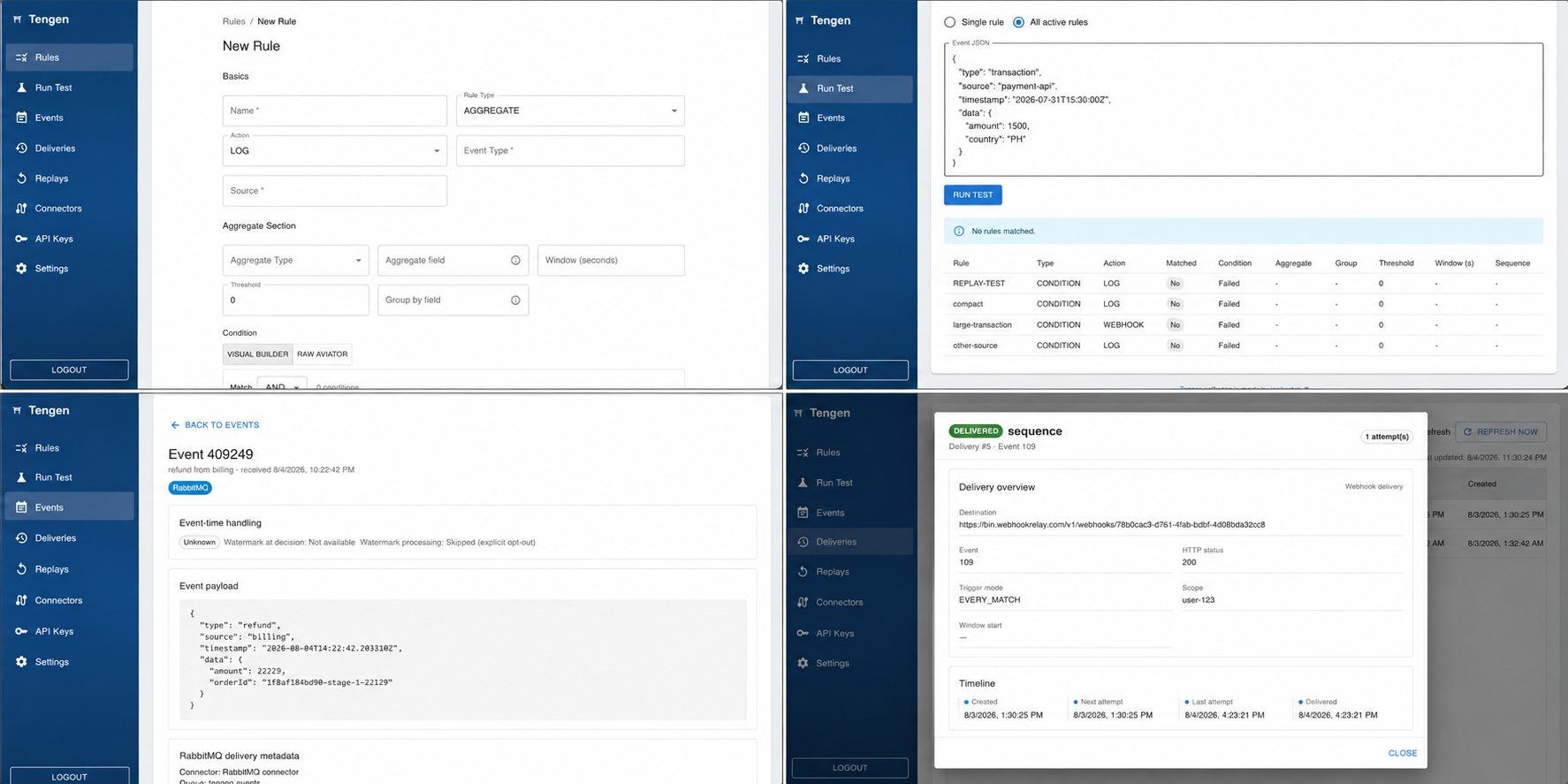 Rule creation, test result, event detail, and delivery detail screens