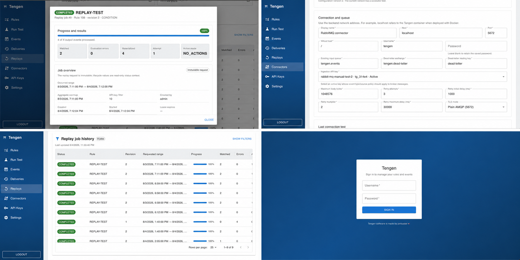 Replay detail, RabbitMQ configuration, history, and login screens